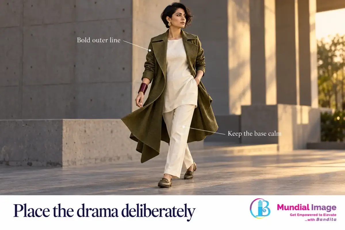 Woman in an olive sculptural jacket over quiet ivory separates.