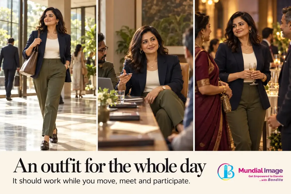 Same woman wears a navy jacket, cream top and olive trousers through a lobby, meeting and evening reception.