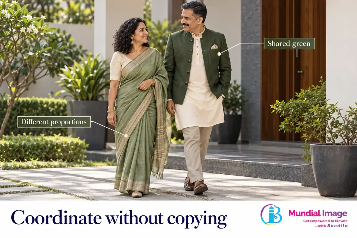 Couple wearing green and cream in different proportions through saree and jacket.