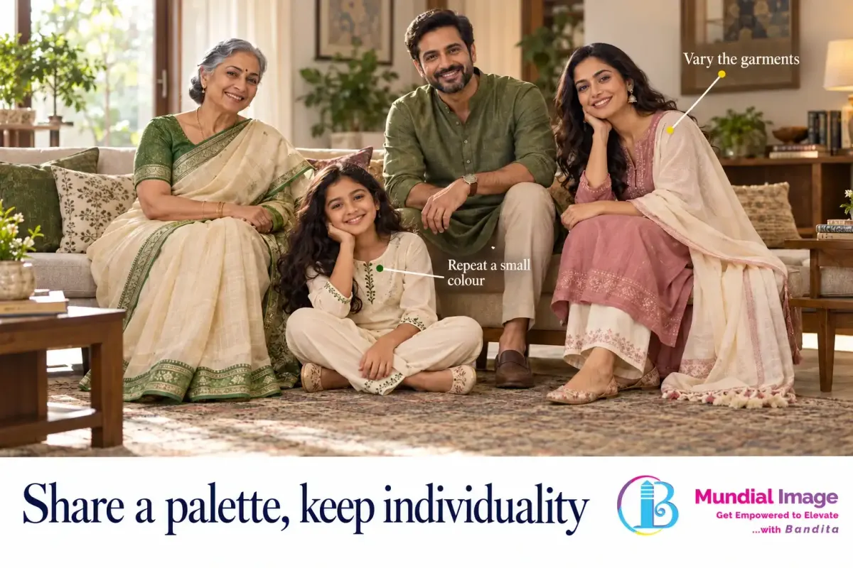 Four family members in green, cream and rose outfits with different garments and shared colour details.