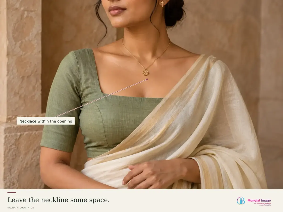Compact necklace resting within an open blouse neckline.