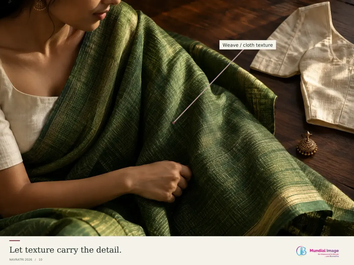 Detail of green woven fabric, a simple blouse and restrained jewellery.