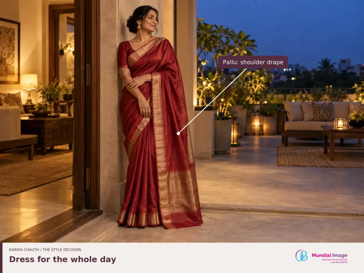 Woman in a crimson saree between warm indoor light and a blue-hour terrace; a label identifies the pallu.