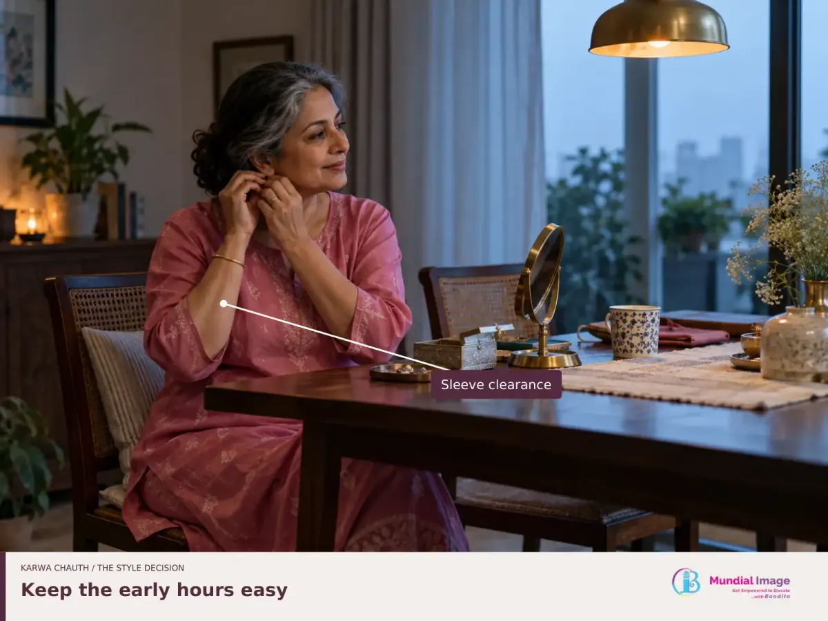 Woman in a rose kurta seated at a dining table before dawn; the annotation highlights sleeve clearance.