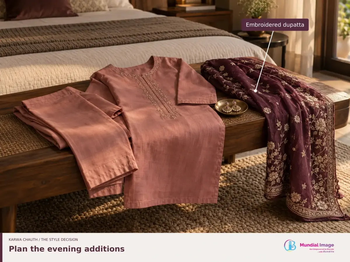 Rose kurta and trousers beside a plum embroidered dupatta on a bed, with the dupatta labelled.