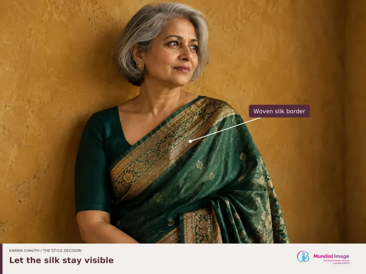 Woman with silver hair in a green silk saree, with its woven border identified and the neckline left clear.