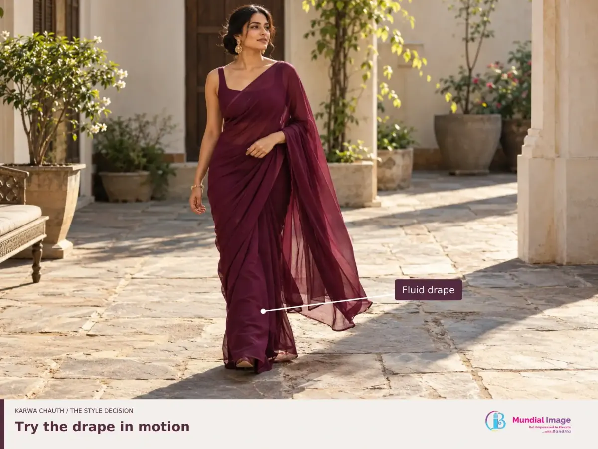 Woman walking through a courtyard in a berry saree, with the fluid drape labelled.