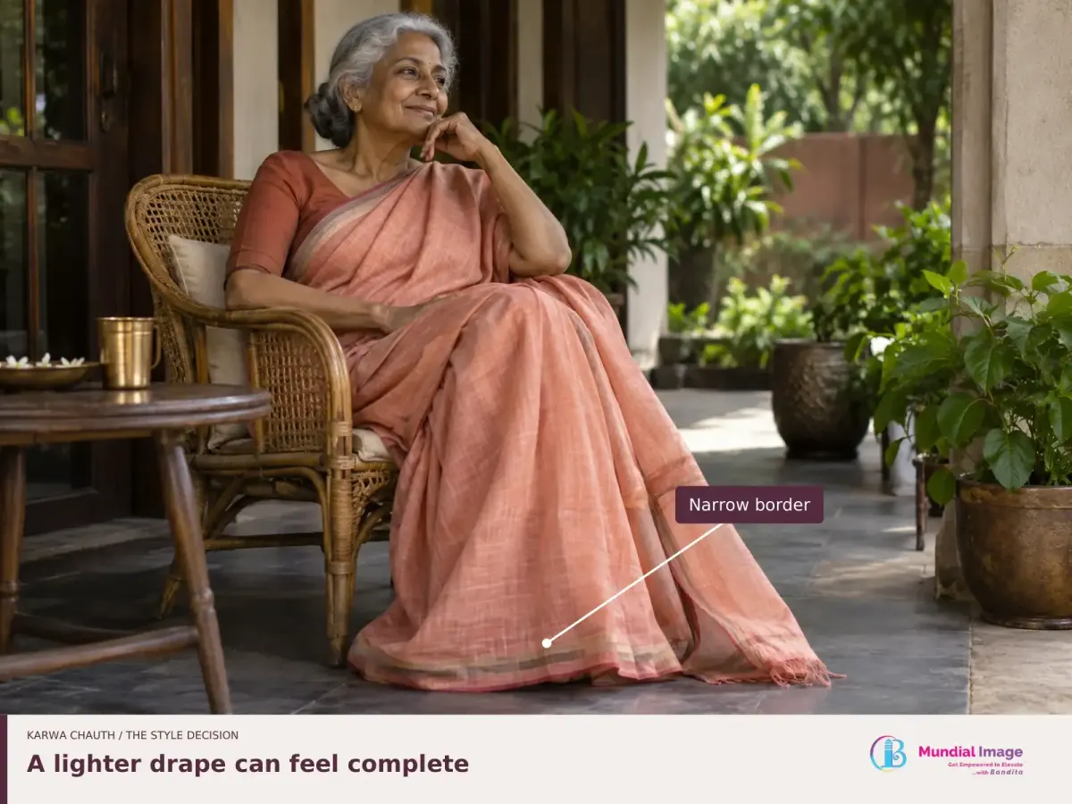 Older woman seated in a coral saree on a verandah, with its narrow border labelled.