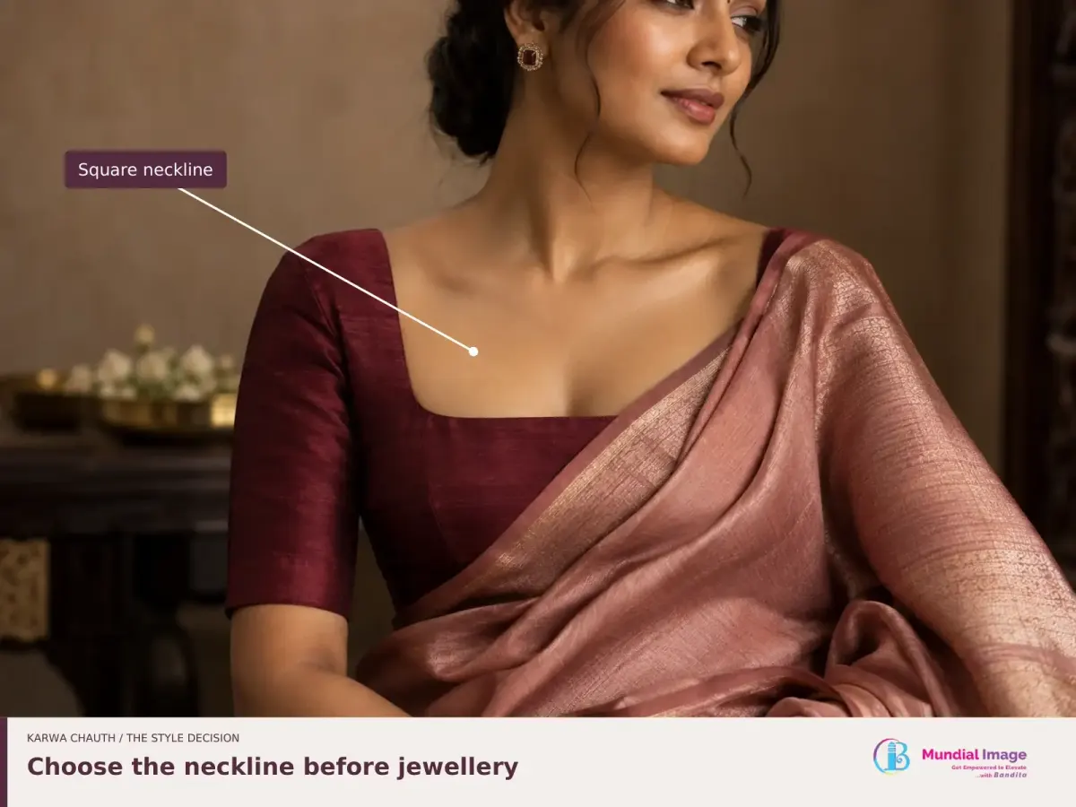 Close view of a burgundy square-neck blouse beneath a rose saree, with the neckline labelled.
