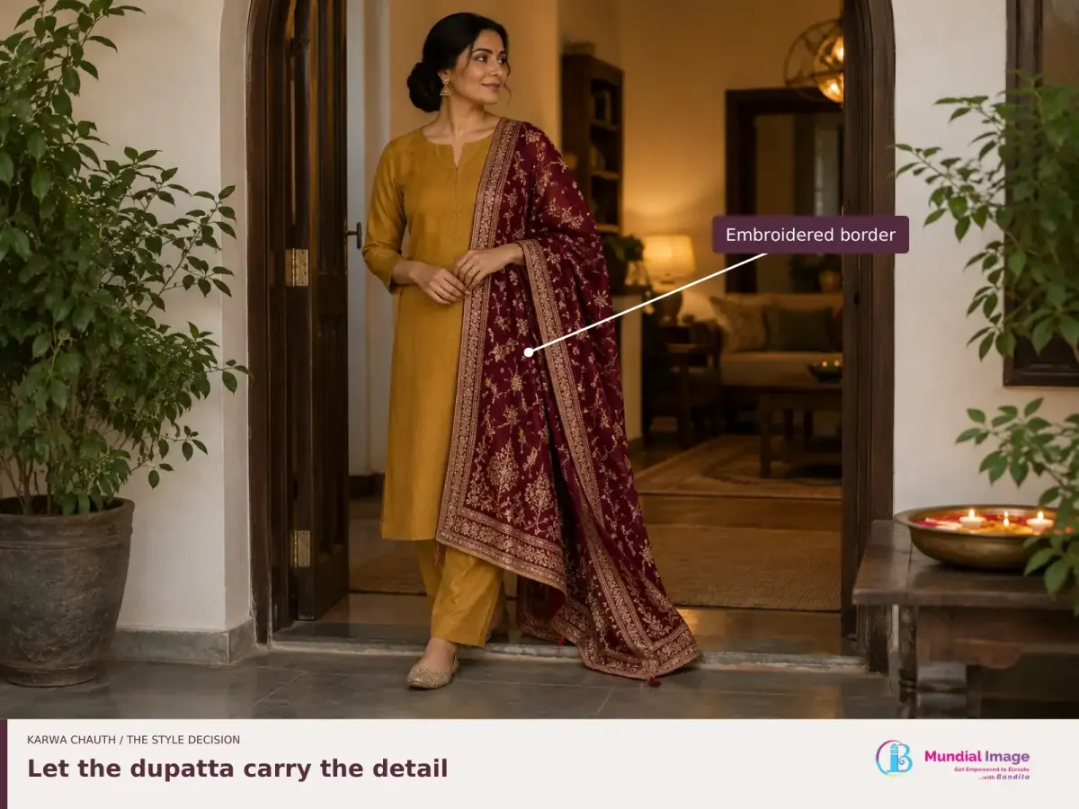 Woman in a mustard suit and richly worked wine dupatta; the embroidered border is identified.