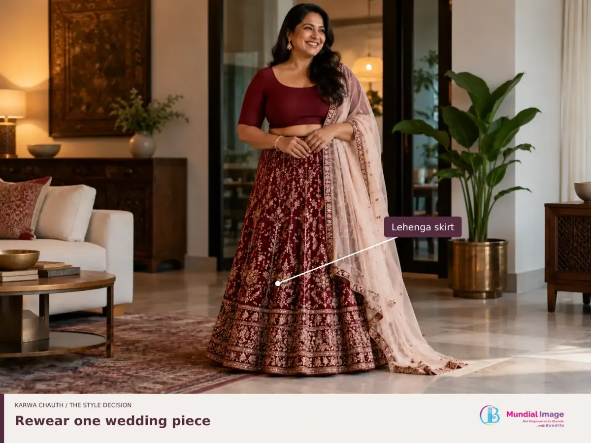 Woman wearing an embroidered burgundy lehenga skirt with a plain blouse and light dupatta; the skirt is labelled.