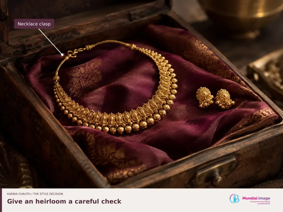 Gold necklace and compact earrings on mulberry fabric in a wooden jewellery box, with the necklace clasp identified.