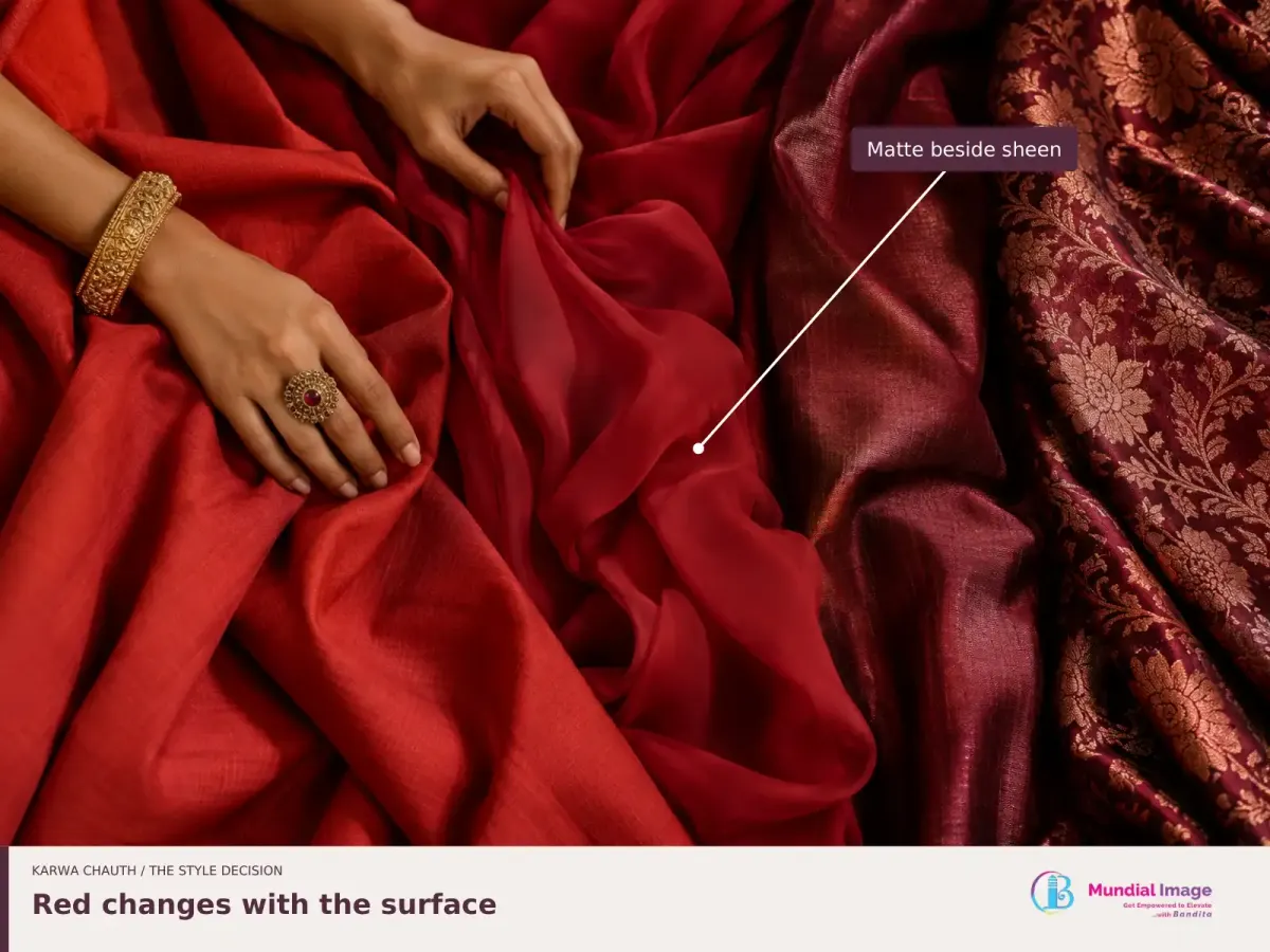 Red textiles with matte, fluid and worked surfaces, annotated to compare matte fabric and sheen.