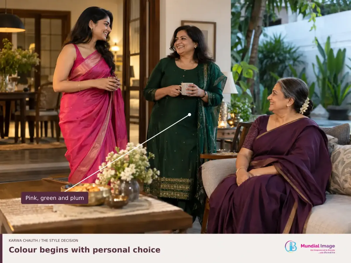 Three women in pink, green and plum festive outfits, illustrating colours beyond red.