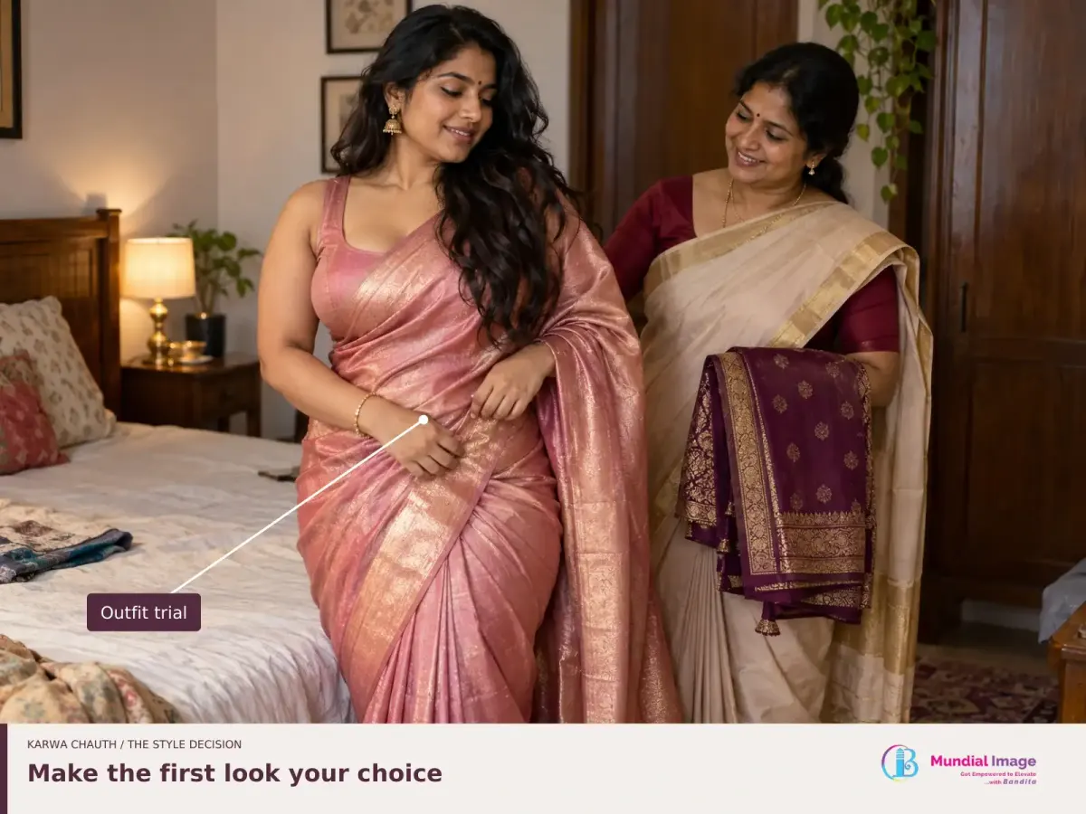 Woman trying a rose saree while an older relative holds another dupatta, labelled as an outfit trial.