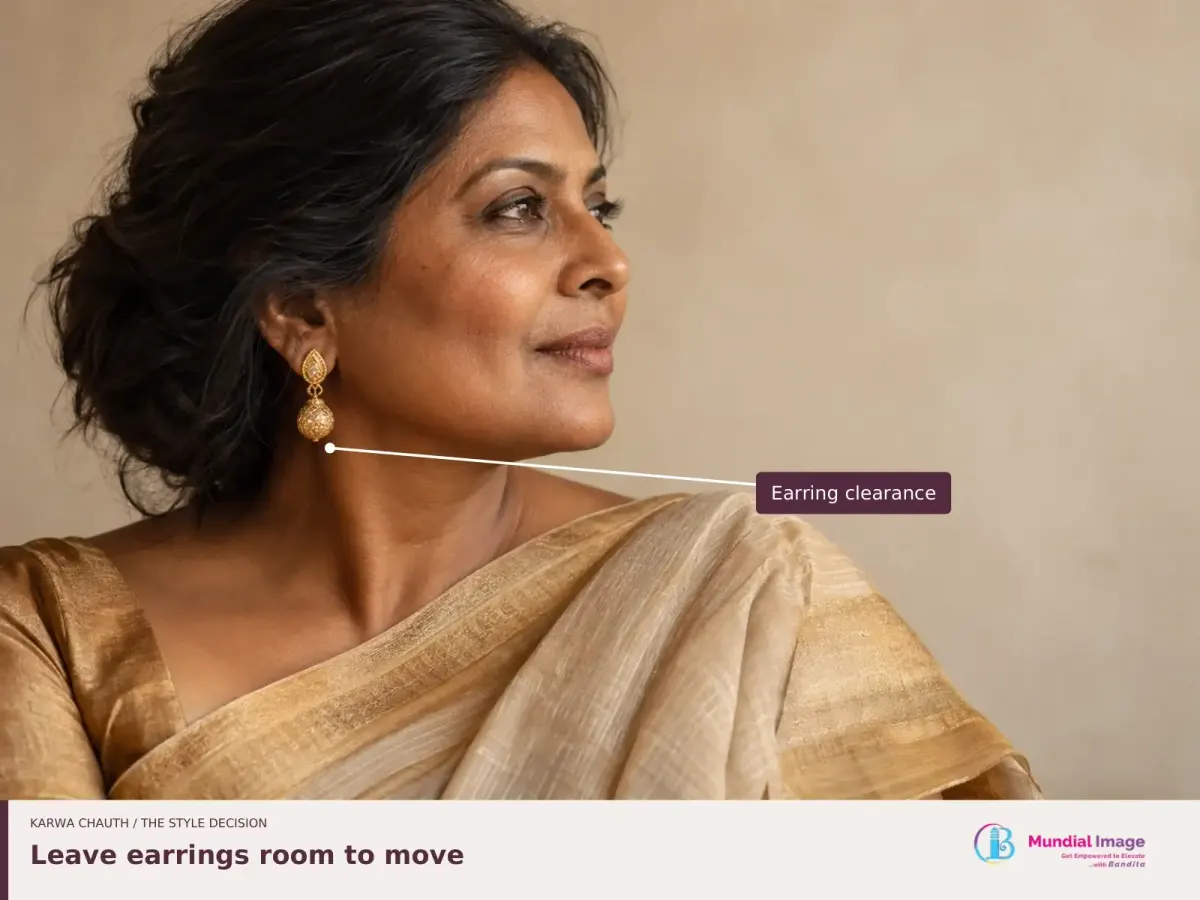Side portrait of a woman wearing a gold drop earring, with clearance below the earring highlighted.
