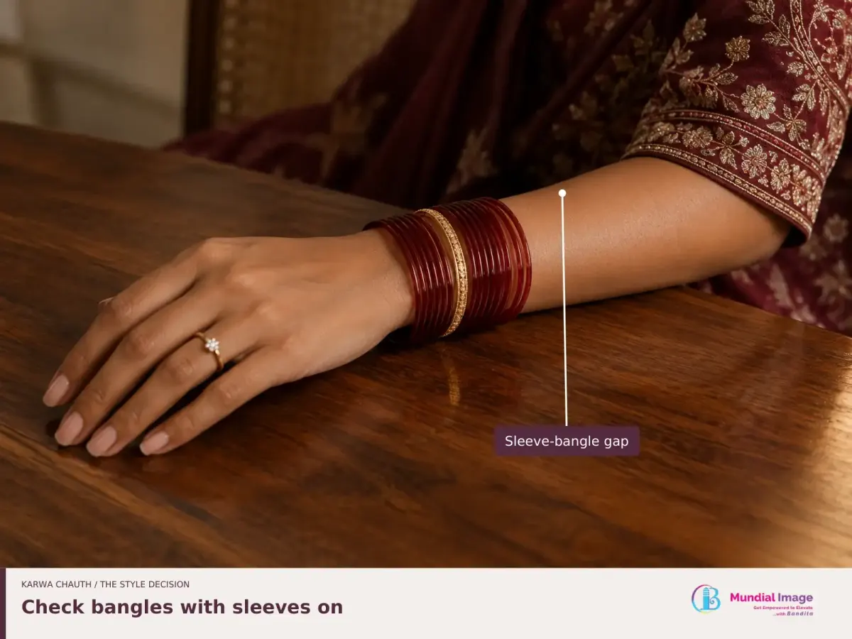 Red bangles beside an embroidered wine sleeve, with the sleeve-bangle gap identified.