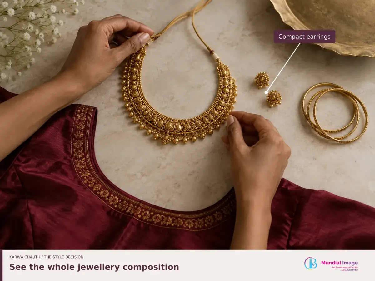 Necklace, compact earrings and bangles arranged with a burgundy blouse, with the small earrings labelled.