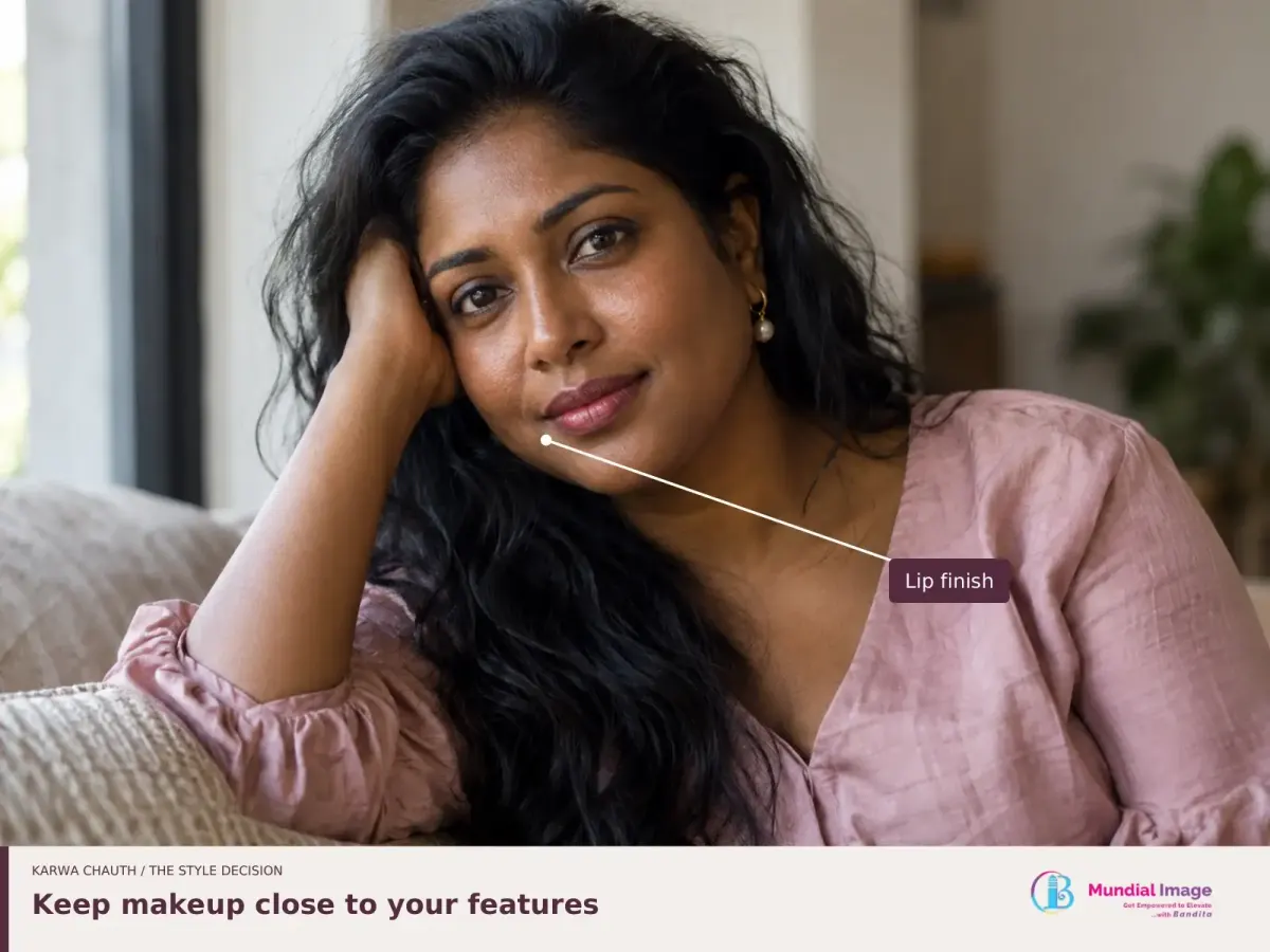 Daylight portrait with a berry lip, annotated to draw attention to the lip finish.