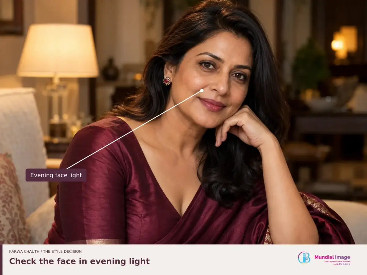 Woman in a wine blouse under evening indoor light, annotated to highlight light reaching the face.