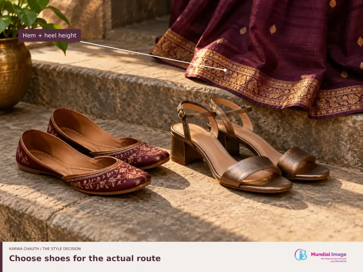 Juttis and block-heel sandals beside a saree hem on stone steps, annotated for hem and heel height.