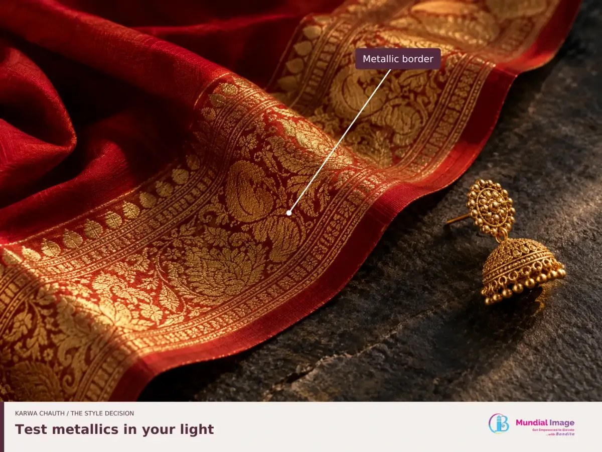 Close view of a reflective woven border on red fabric beside a gold earring, with the metallic border labelled.