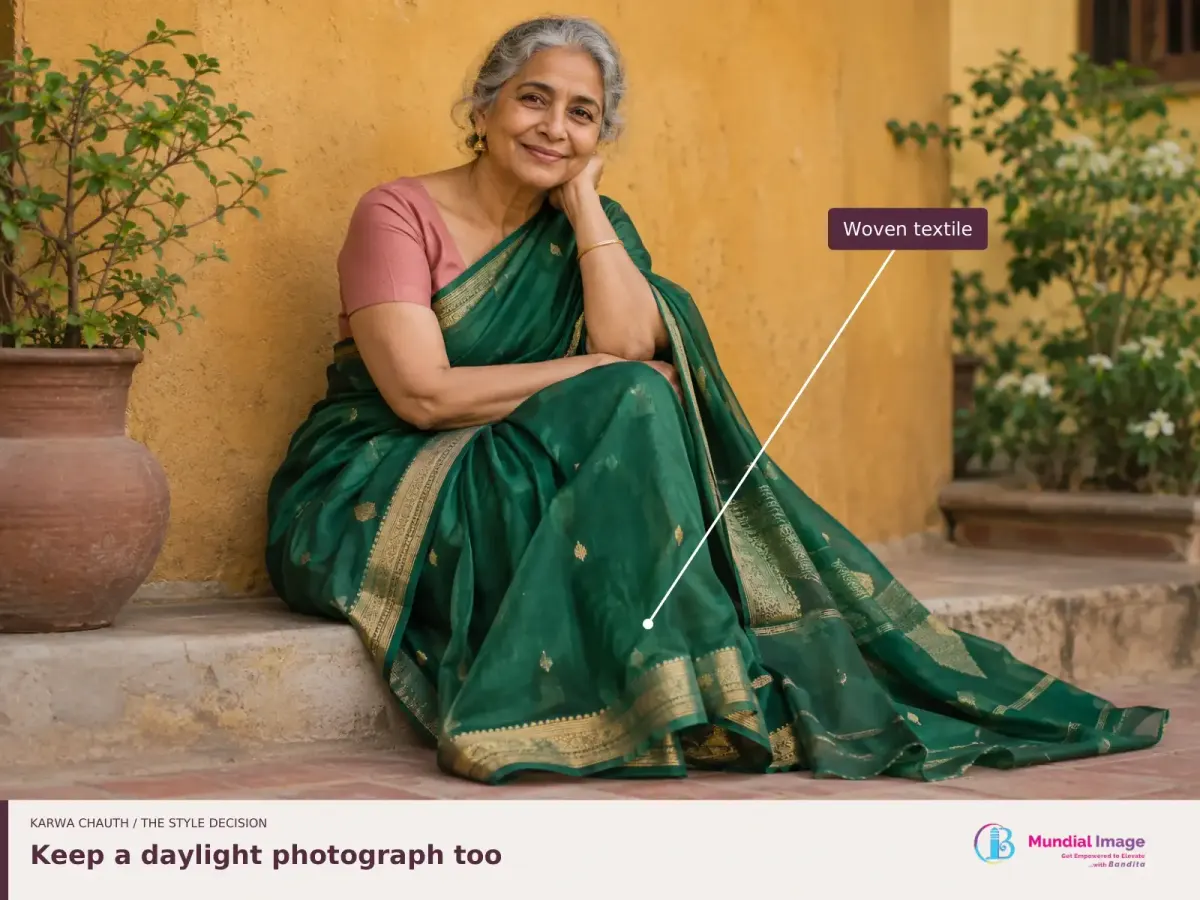 Older woman seated in a green saree in daylight, with its woven textile detail highlighted.