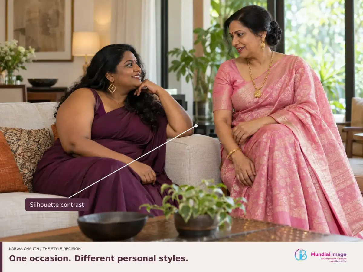 Two women in distinct plum and pink festive looks, illustrating contrasting silhouettes and personal styles.