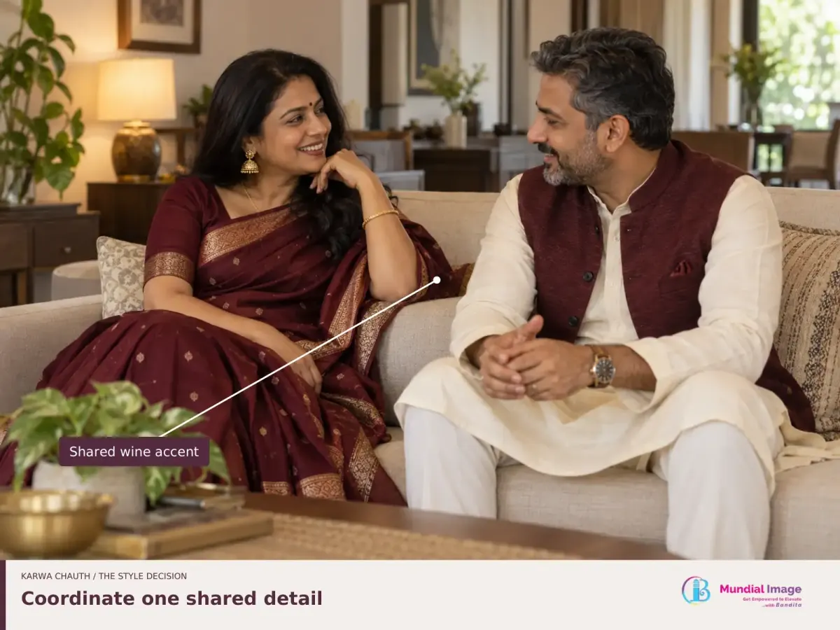 Couple wearing wine accents in a saree and waistcoat, with the shared colour identified.