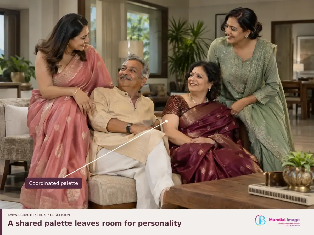Four family members in rose, green, wine and sand outfits, annotated as a coordinated palette.