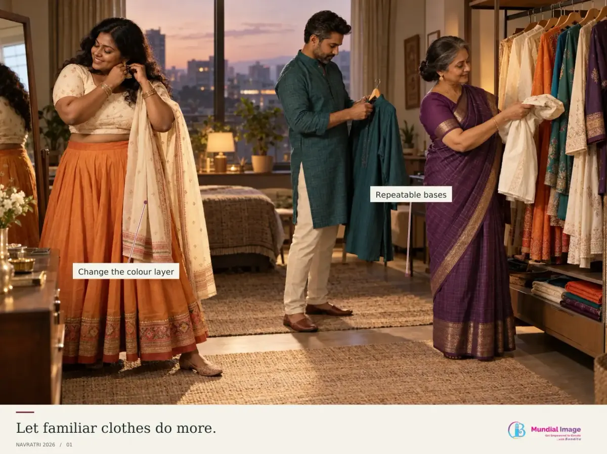 Indian adults preparing for Navratri in an apartment dressing room with a small clothing rail.