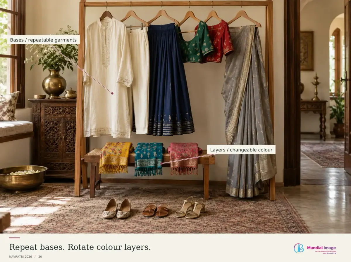 Small clothing rail with neutral bases, contrasting tops and colourful layers.