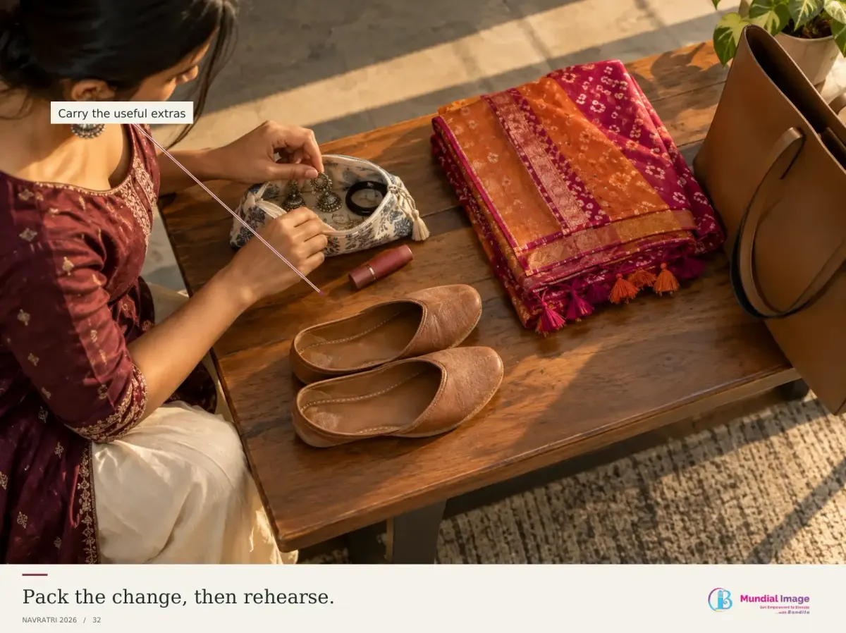 Indian woman packing folded festive garments and accessories for travel.