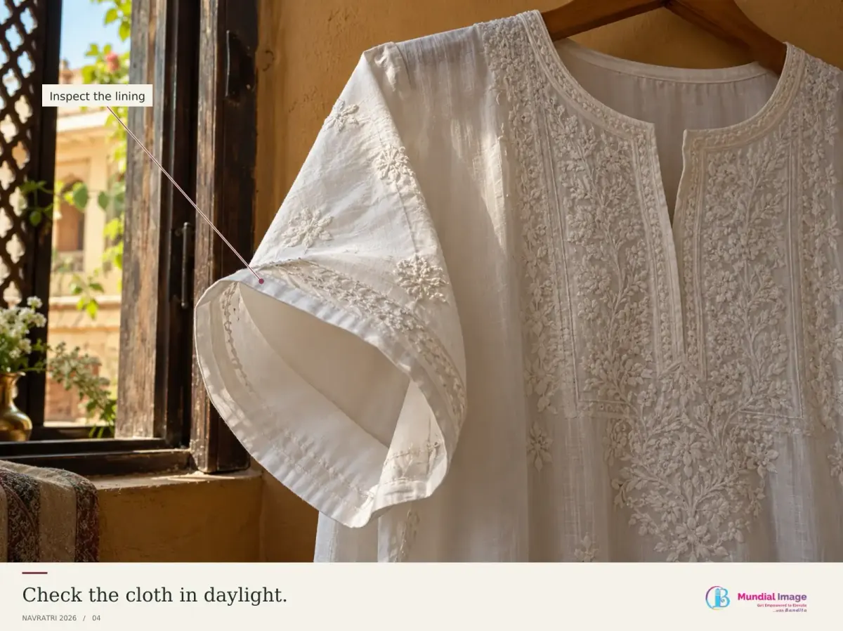 Close view of a white kurta and its opaque lining in daylight.
