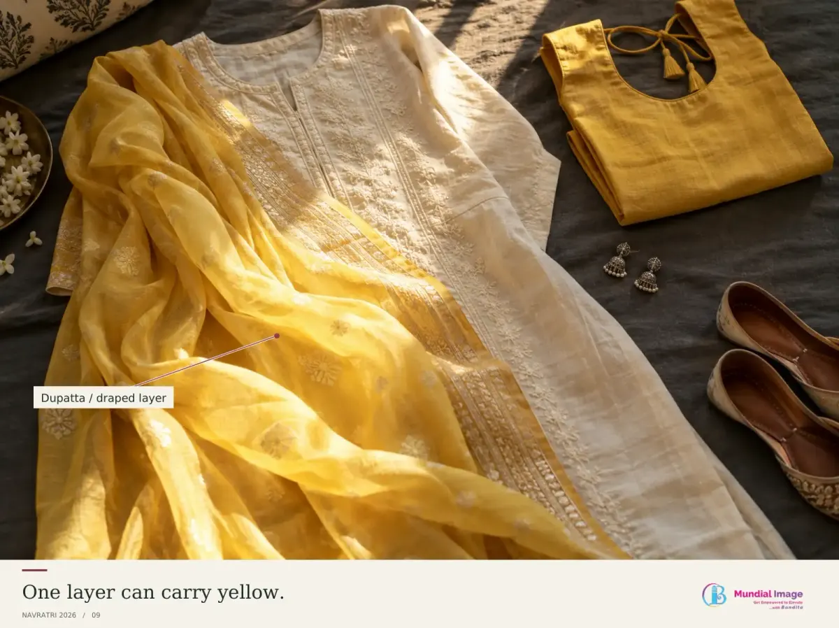 A yellow dupatta laid over a cream kurta with small earrings beside it.